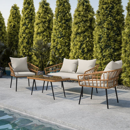4 Piece Rope Patio Conversation Set with Coffee Table and Gray Cushions, Natural