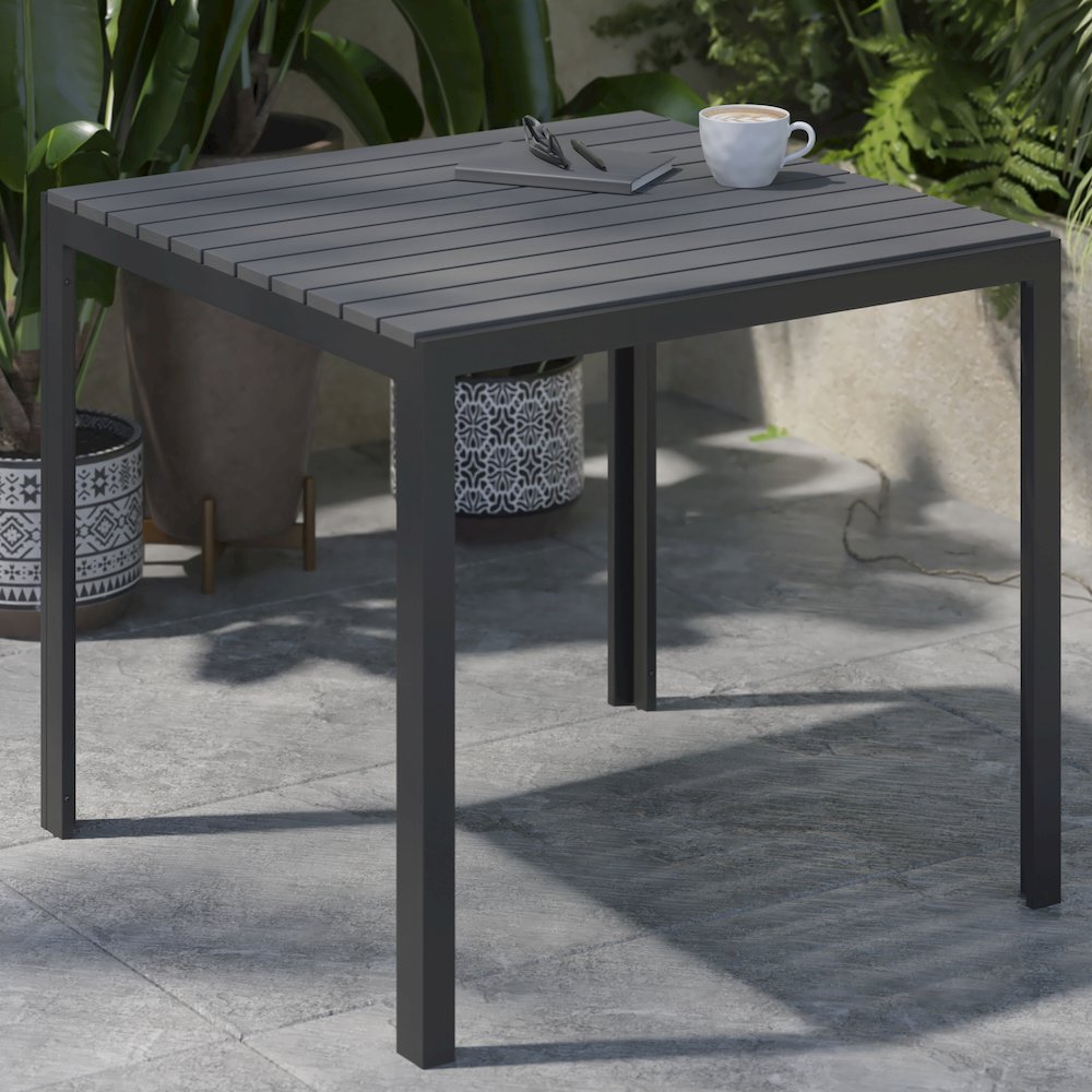 Black Steel Patio Dining Table for 4 with Black Poly Resin Slatted Top