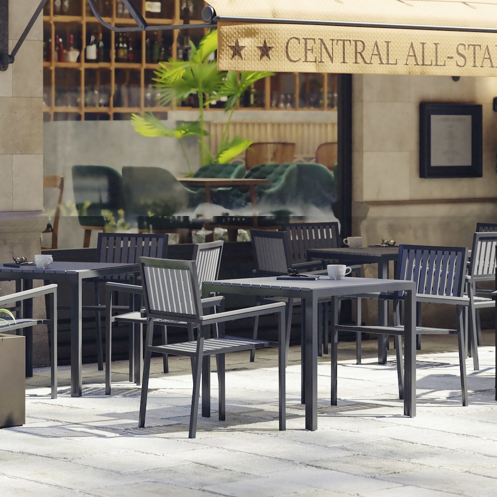 Black Steel Patio Dining Table for 4 with Black Poly Resin Slatted Top