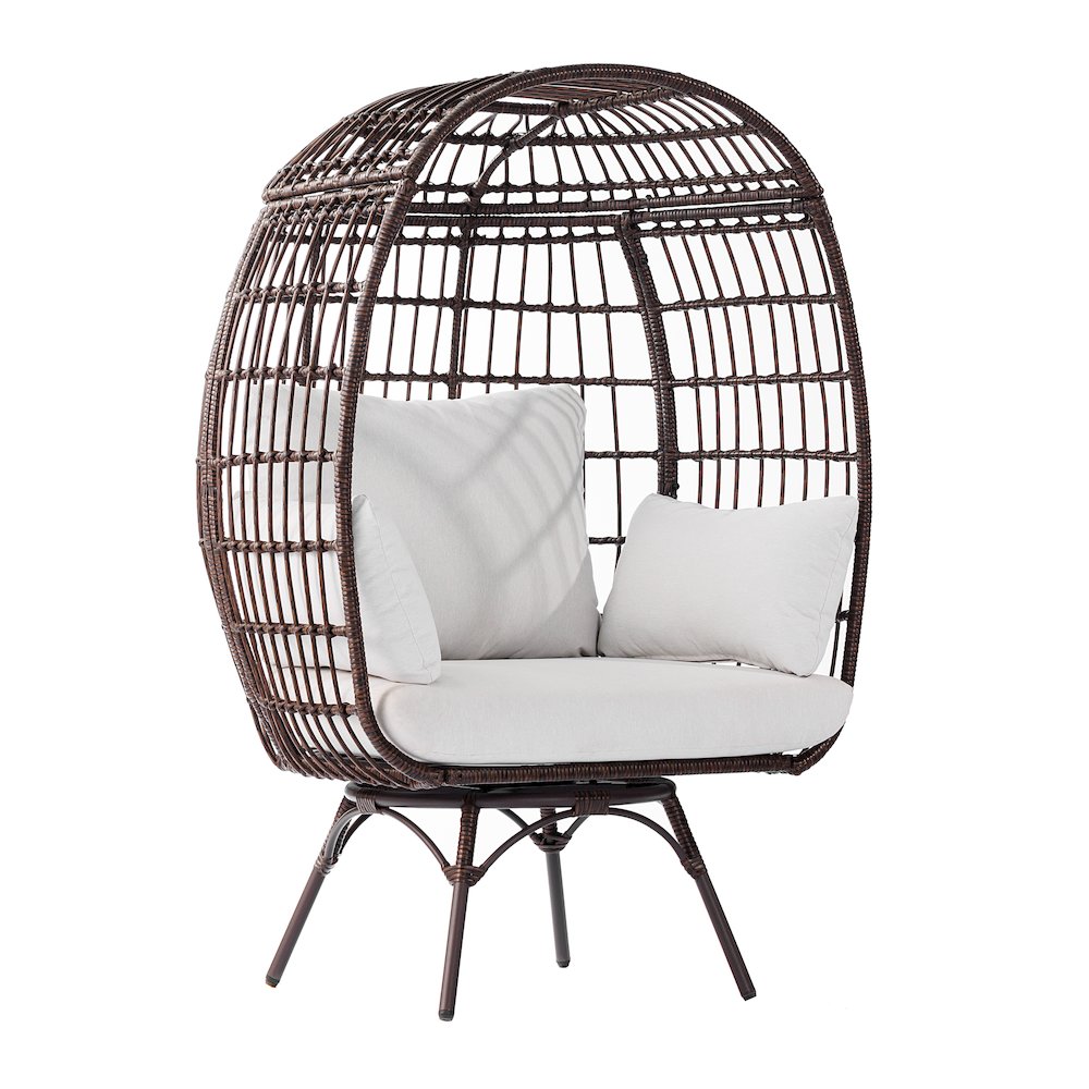 Oversized Wicker Egg Swivel Lounge Chair, Cream Cushions/Brown Frame