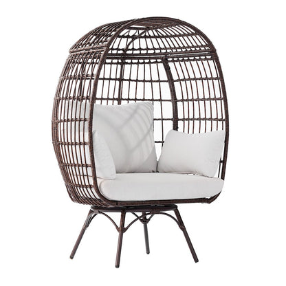 Oversized Wicker Egg Swivel Lounge Chair, Cream Cushions/Brown Frame