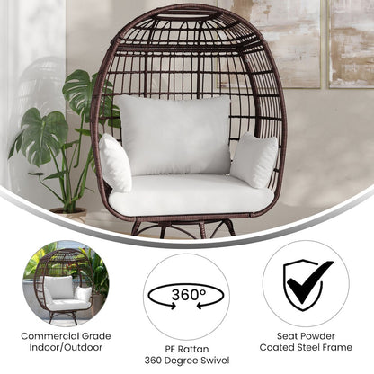 Oversized Wicker Egg Swivel Lounge Chair, Cream Cushions/Brown Frame