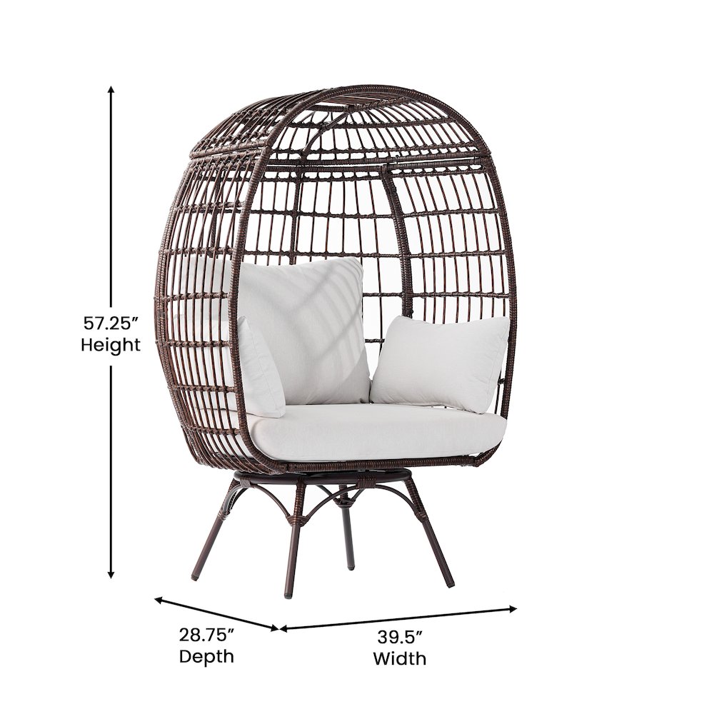 Oversized Wicker Egg Swivel Lounge Chair, Cream Cushions/Brown Frame