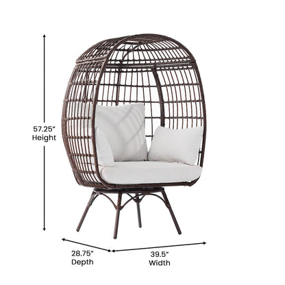 Oversized Wicker Egg Swivel Lounge Chair, Cream Cushions/Brown Frame