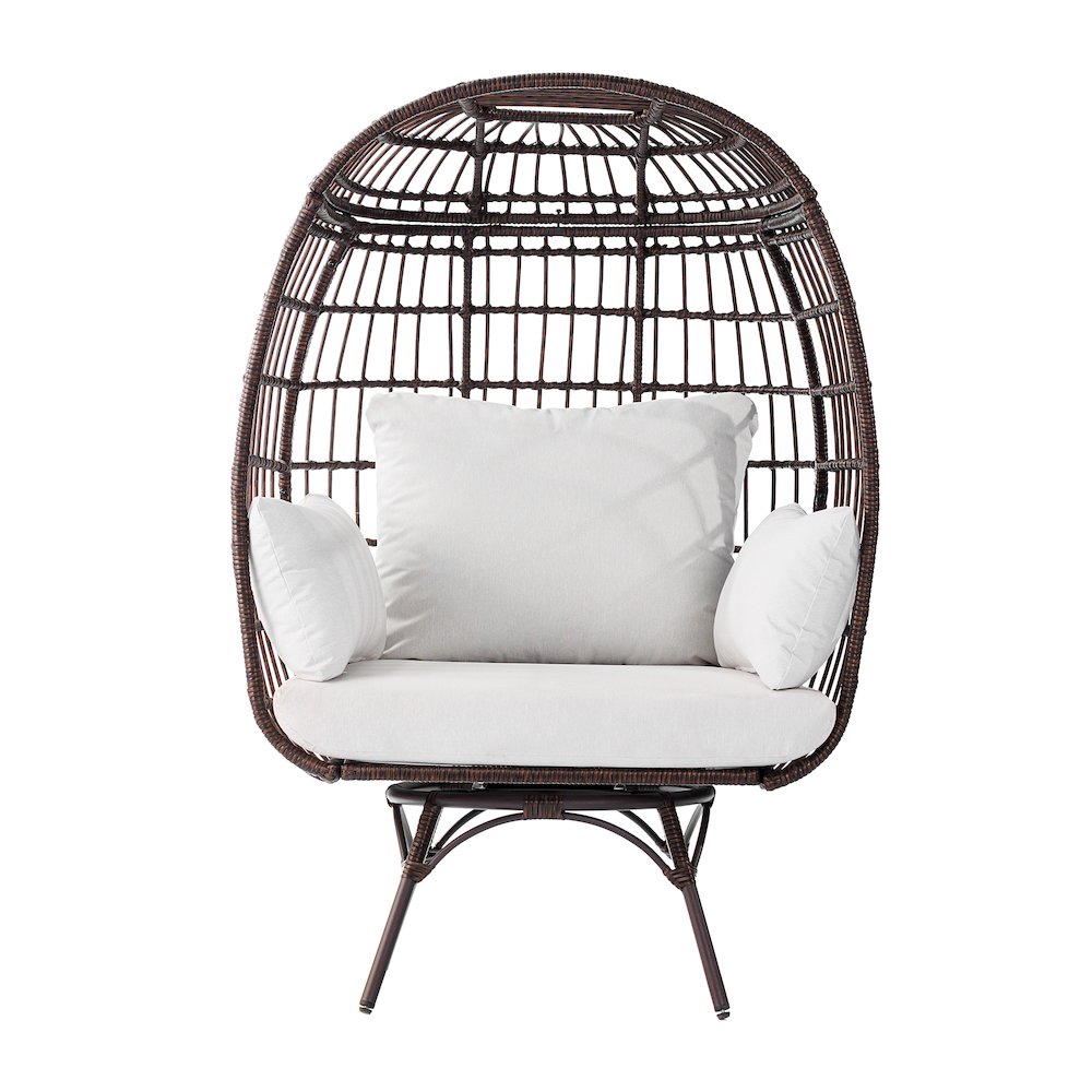 Oversized Wicker Egg Swivel Lounge Chair, Cream Cushions/Brown Frame