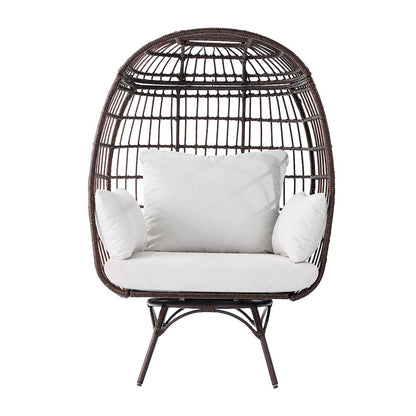 Oversized Wicker Egg Swivel Lounge Chair, Cream Cushions/Brown Frame