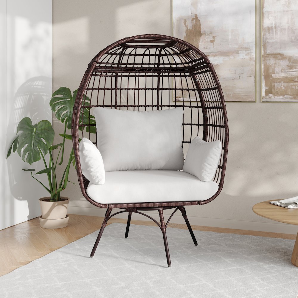 Oversized Wicker Egg Swivel Lounge Chair, Cream Cushions/Brown Frame