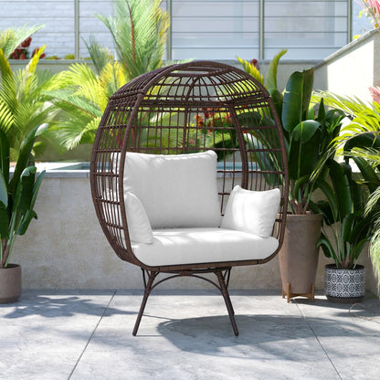 Oversized Wicker Egg Swivel Lounge Chair, Cream Cushions/Brown Frame