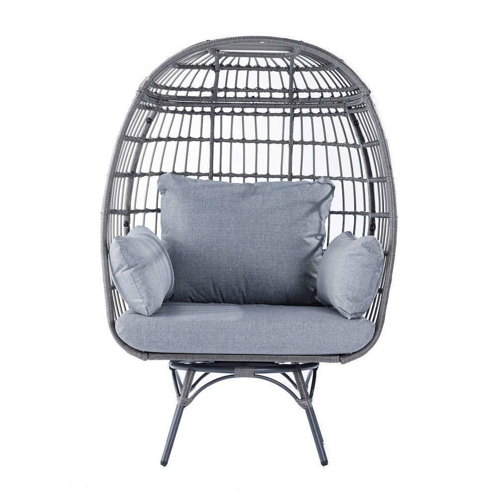 Oversized Wicker Egg Swivel Lounge Chair, Gray Cushions/Gray Frame