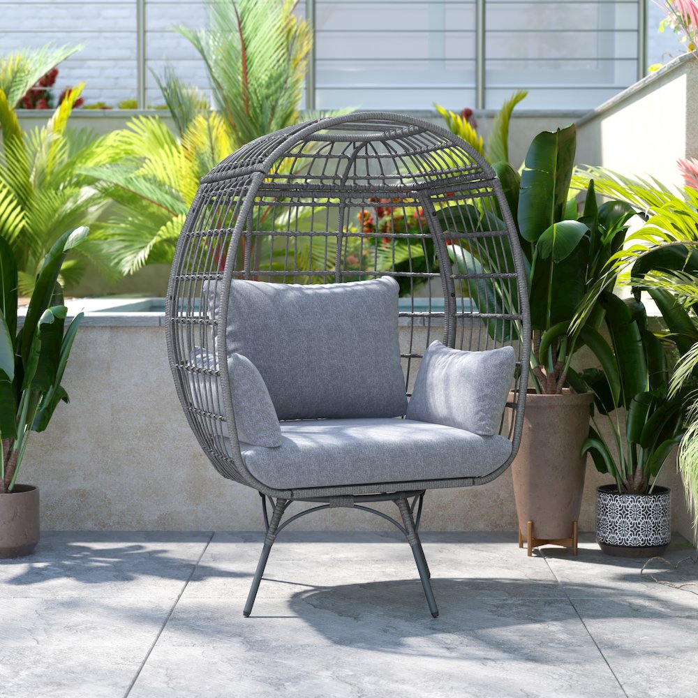Oversized Wicker Egg Swivel Lounge Chair, Gray Cushions/Gray Frame