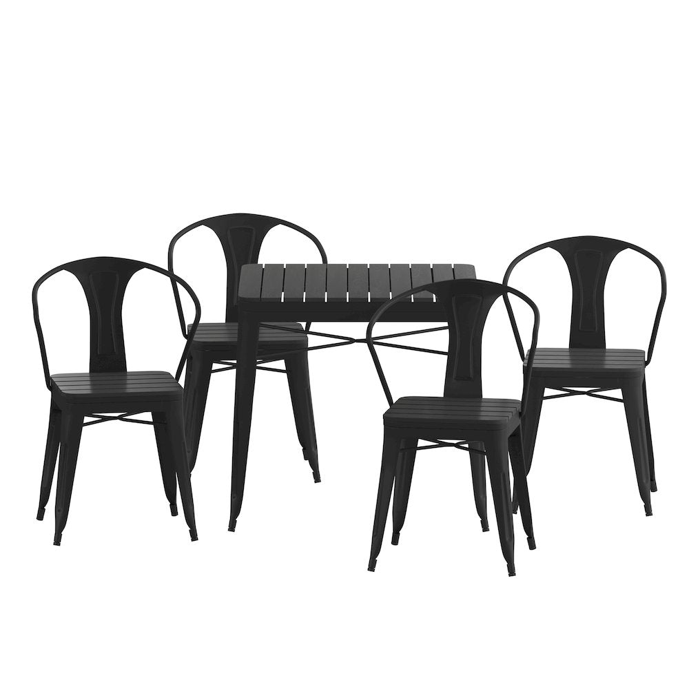5 Piece Table and Chairs, 31.5" Table with Top, 4 Metal Chairs with Seats, Black