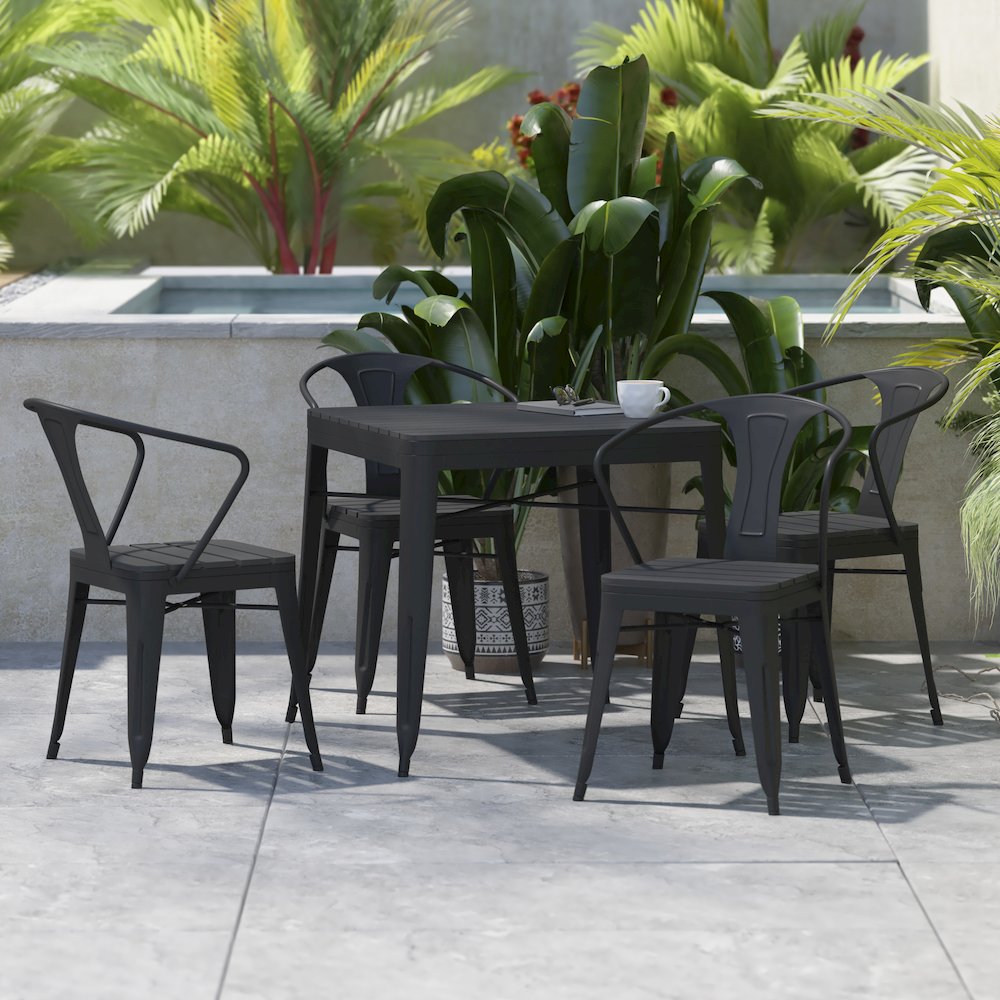 5 Piece Table and Chairs, 31.5" Table with Top, 4 Metal Chairs with Seats, Black