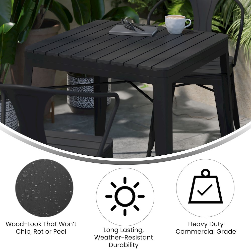 31.5" Black Steel Patio Dining Table for 4 with Black Poly Resin Slatted Top