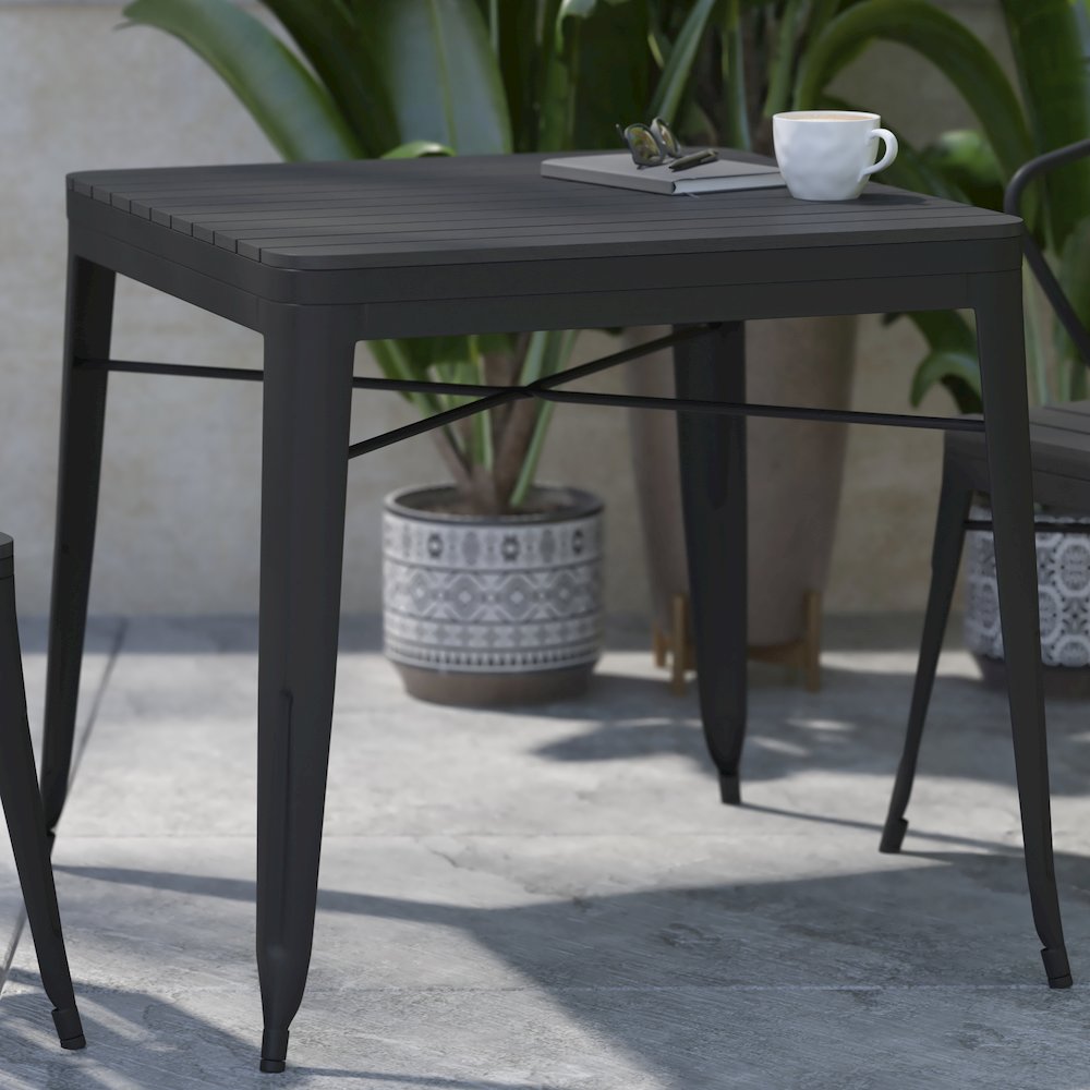31.5" Black Steel Patio Dining Table for 4 with Black Poly Resin Slatted Top