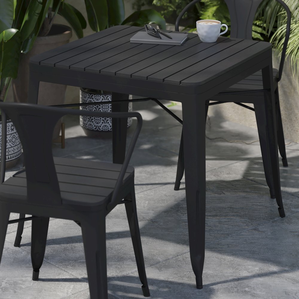 31.5" Black Steel Patio Dining Table for 4 with Black Poly Resin Slatted Top