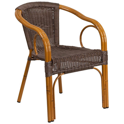 Dark Brown Rattan Restaurant Patio Chair with Red Bamboo-Aluminum Frame