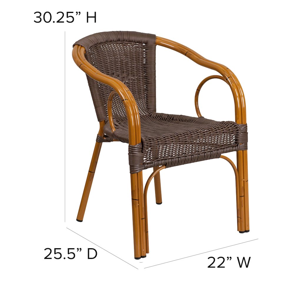 Dark Brown Rattan Restaurant Patio Chair with Red Bamboo-Aluminum Frame