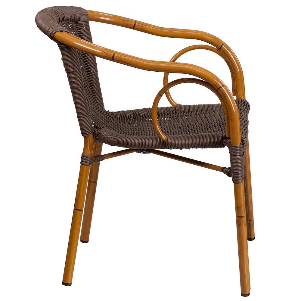 Dark-Brown Rattan Restaurant Patio Chair with Red Bamboo-Aluminum Frame