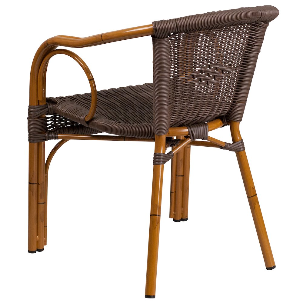 Dark Brown Rattan Restaurant Patio Chair with Red Bamboo-Aluminum Frame