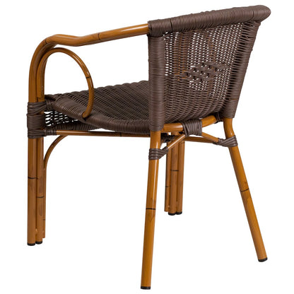 Dark Brown Rattan Restaurant Patio Chair with Red Bamboo-Aluminum Frame