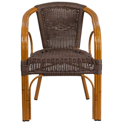 Dark Brown Rattan Restaurant Patio Chair with Red Bamboo-Aluminum Frame