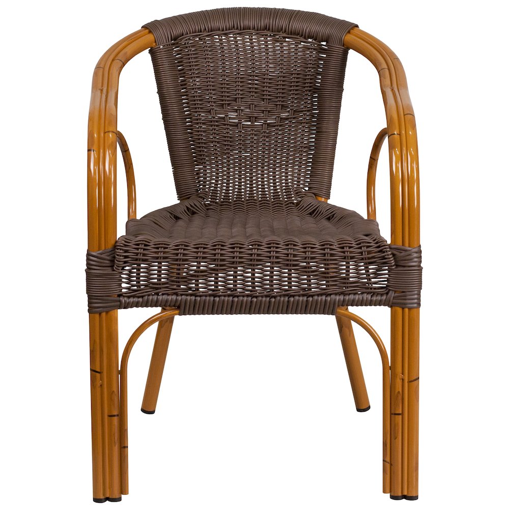 Dark-Brown Rattan Restaurant Patio Chair with Red Bamboo-Aluminum Frame