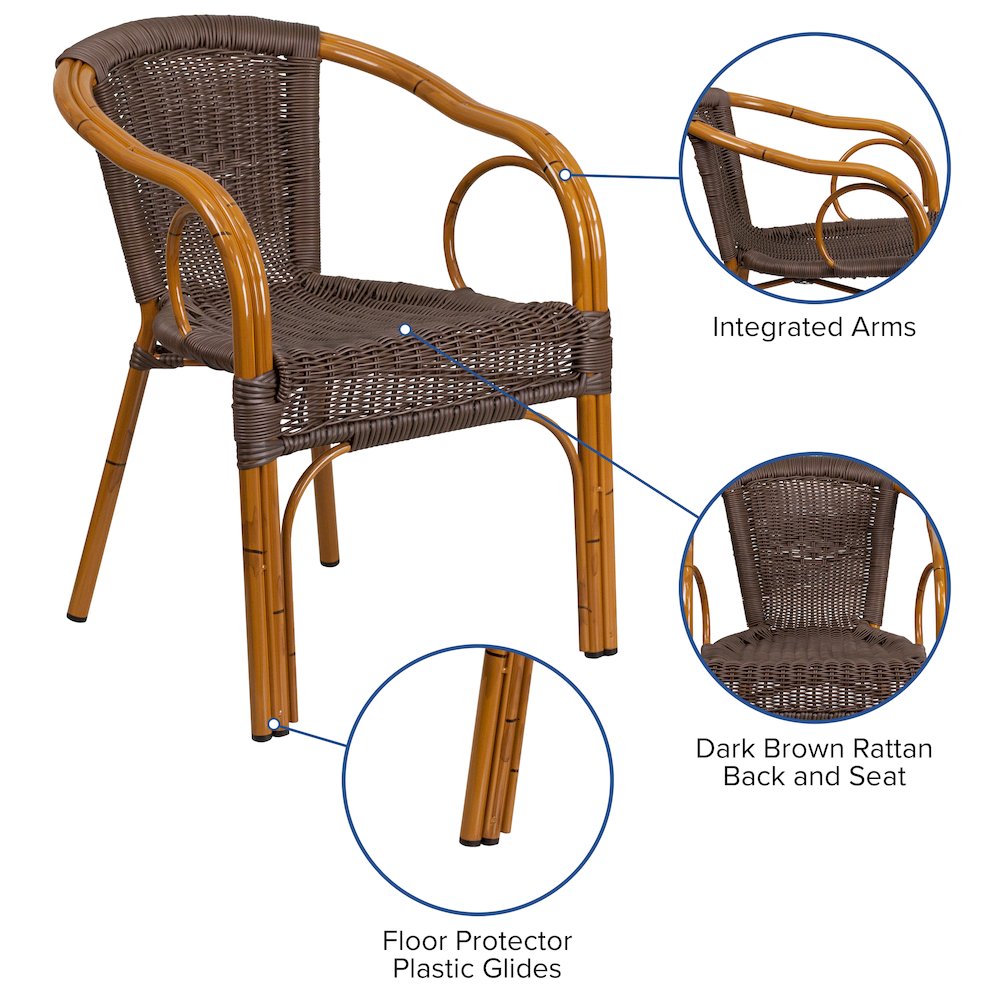 Dark Brown Rattan Restaurant Patio Chair with Red Bamboo-Aluminum Frame
