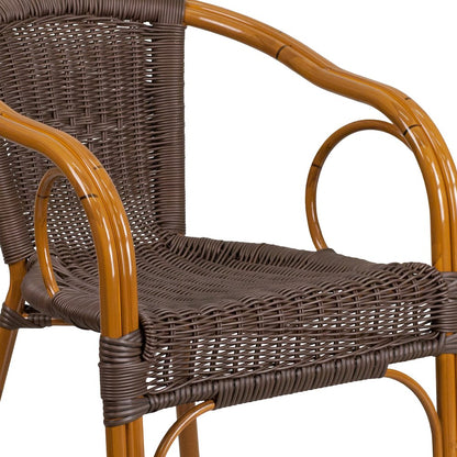Dark Brown Rattan Restaurant Patio Chair with Red Bamboo-Aluminum Frame