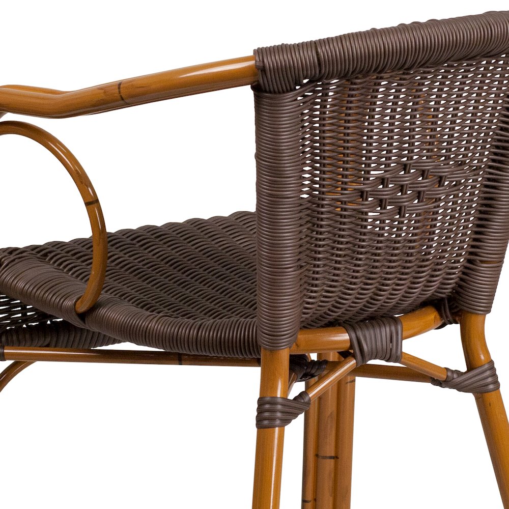 Dark Brown Rattan Restaurant Patio Chair with Red Bamboo-Aluminum Frame