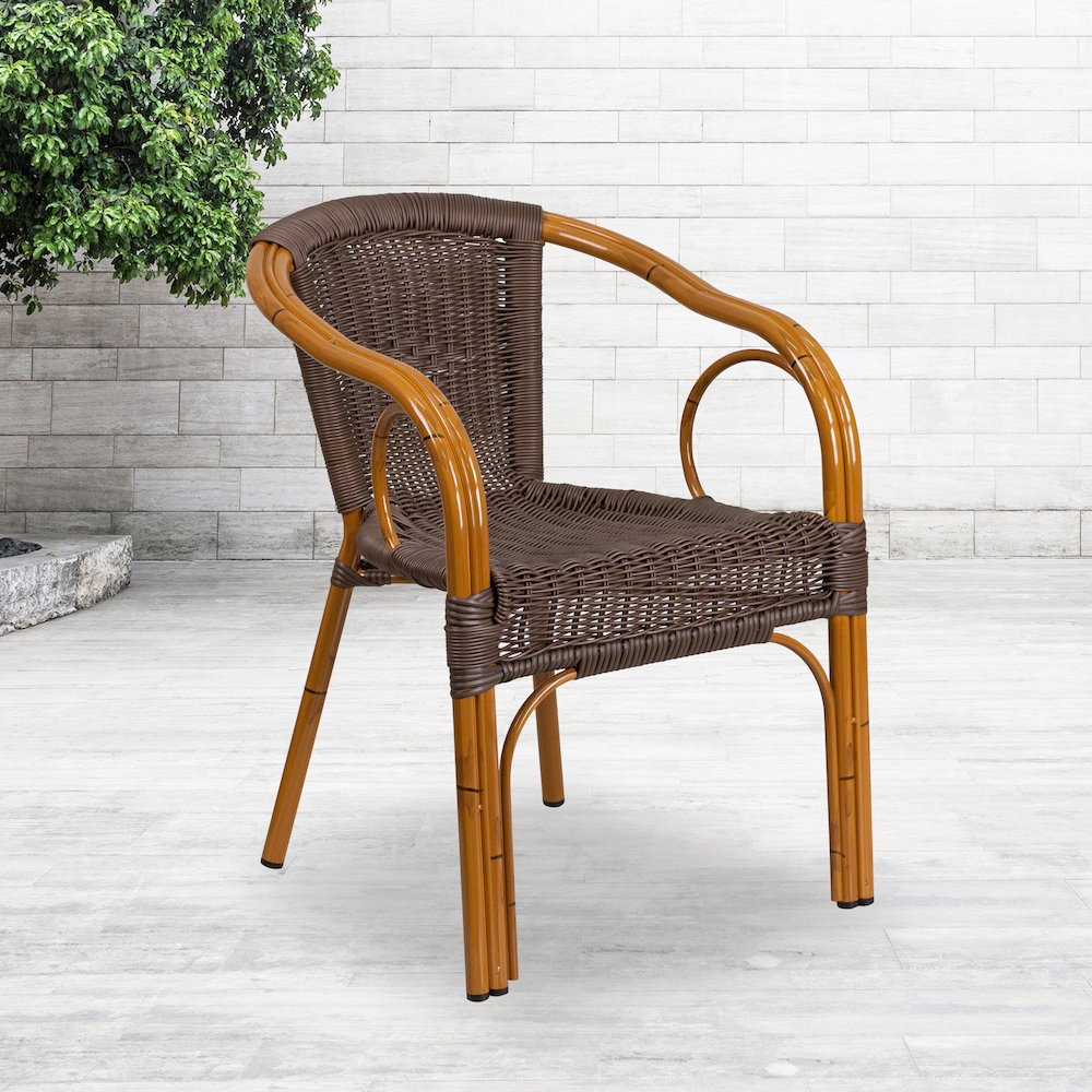 Dark Brown Rattan Restaurant Patio Chair with Red Bamboo-Aluminum Frame