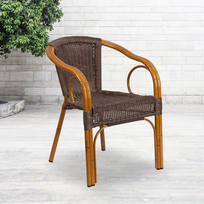 Dark Brown Rattan Restaurant Patio Chair with Red Bamboo-Aluminum Frame