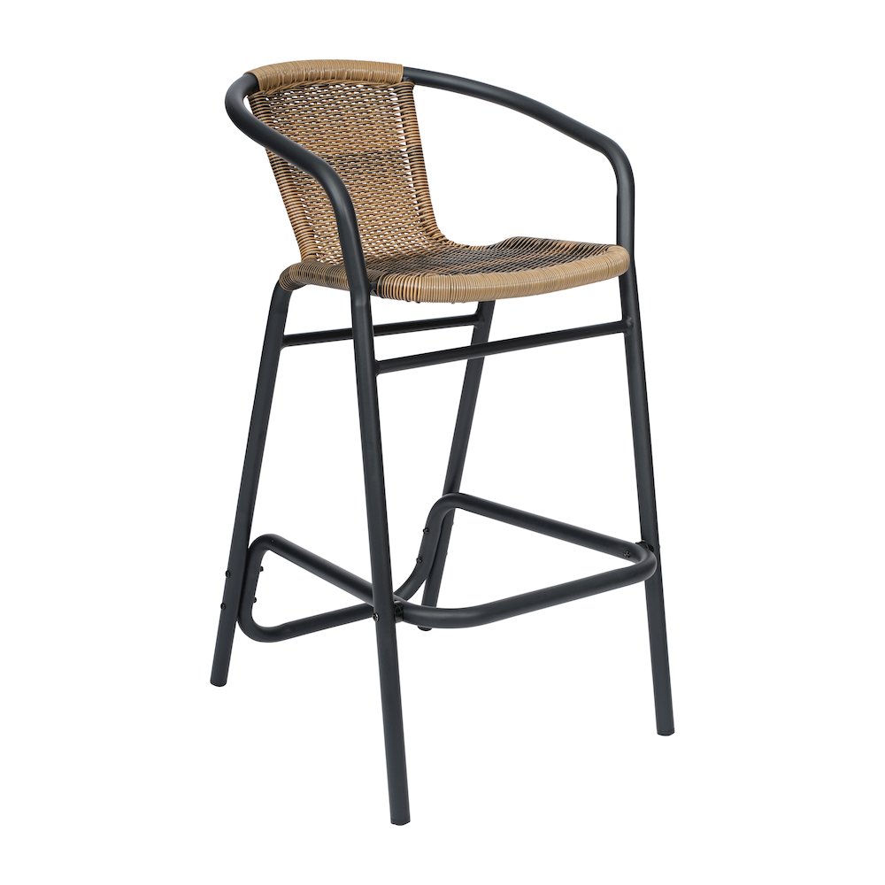 Rattan Restaurant Barstool with Black Aluminum Frame and Footrest, Medium Brown