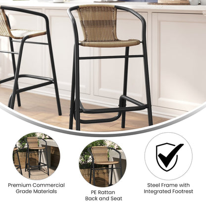 Rattan Restaurant Barstool with Black Aluminum Frame and Footrest, Medium Brown
