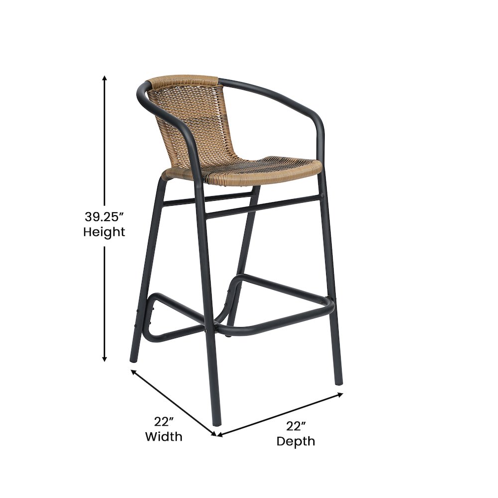 Rattan Restaurant Barstool with Black Aluminum Frame and Footrest, Medium Brown