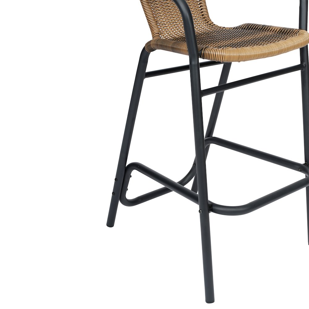 Rattan Restaurant Barstool with Black Aluminum Frame and Footrest, Medium Brown