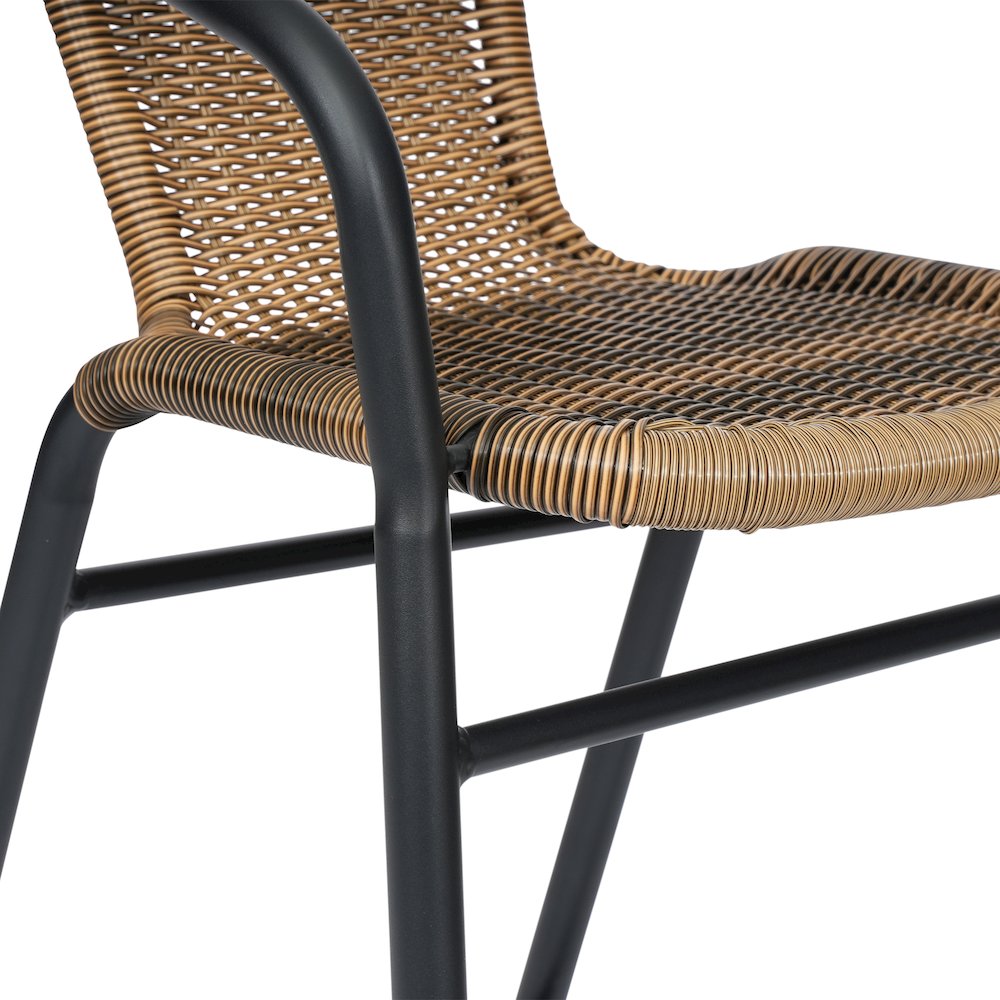 Rattan Restaurant Barstool with Black Aluminum Frame and Footrest, Medium Brown