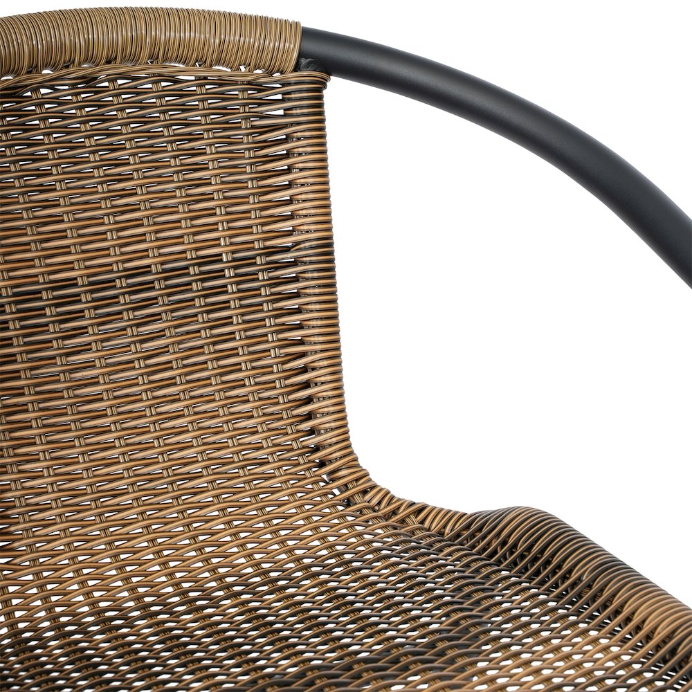 Rattan Restaurant Barstool with Black Aluminum Frame and Footrest, Medium Brown