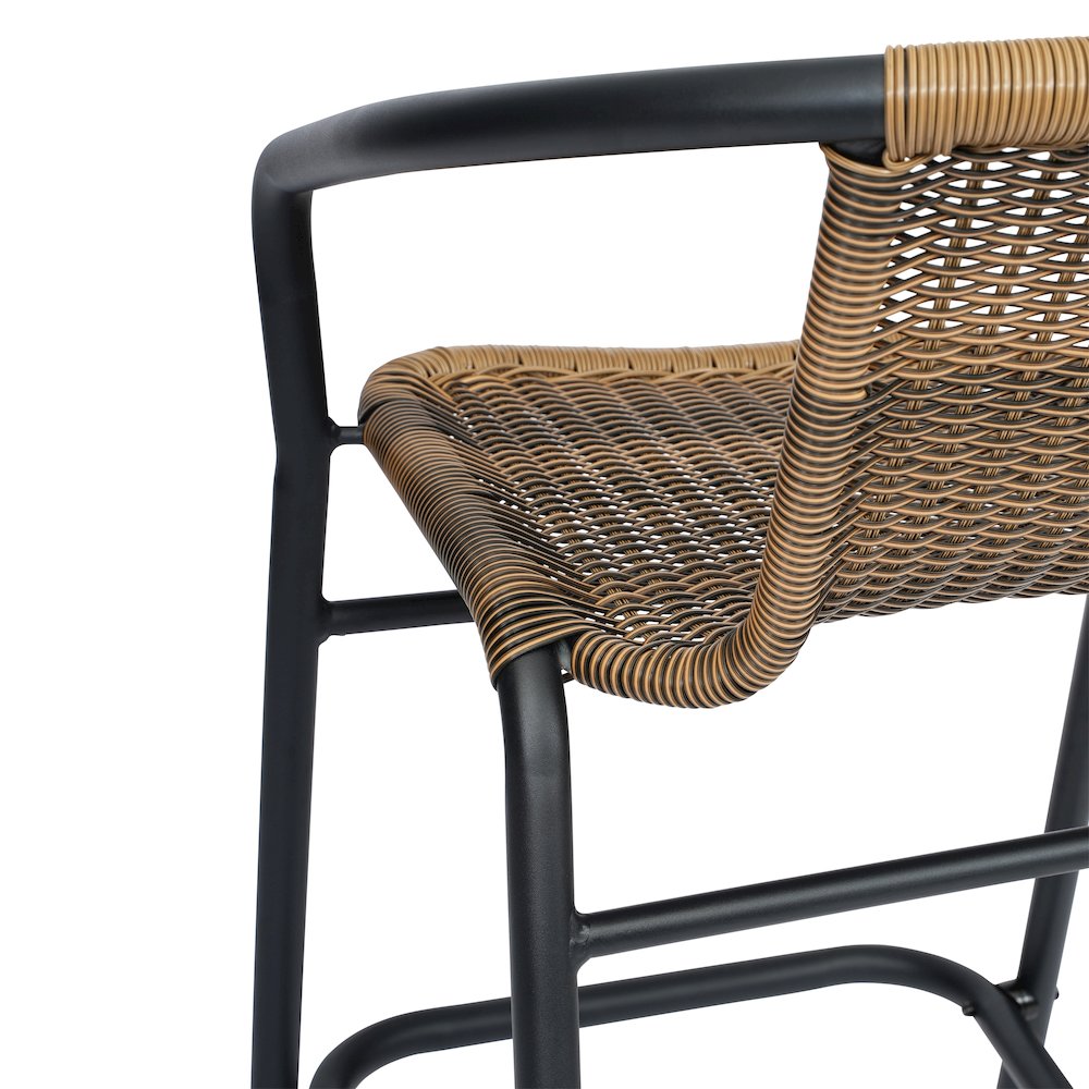 Rattan Restaurant Barstool with Black Aluminum Frame and Footrest, Medium Brown