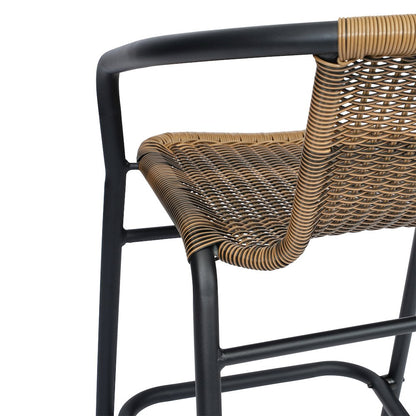 Rattan Restaurant Barstool with Black Aluminum Frame and Footrest, Medium Brown