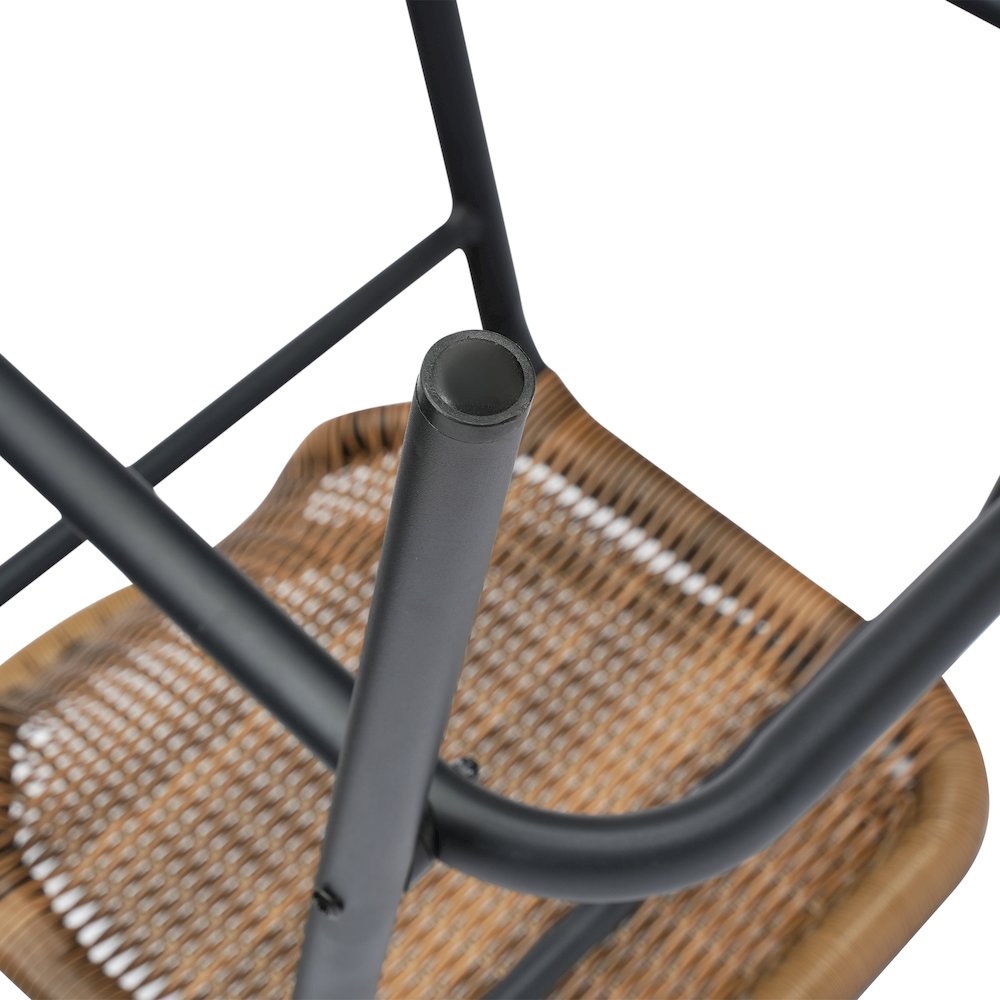 Rattan Restaurant Barstool with Black Aluminum Frame and Footrest, Medium Brown