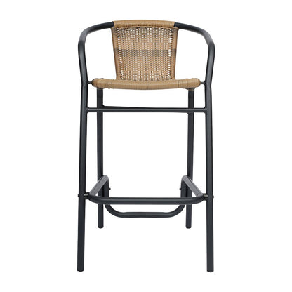 Rattan Restaurant Barstool with Black Aluminum Frame and Footrest, Medium Brown