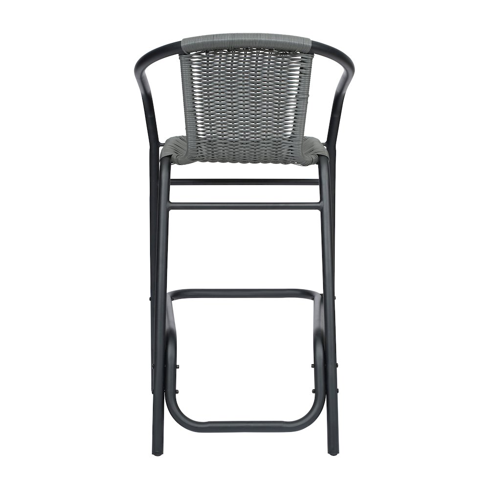 PE Rattan Restaurant Barstool with Black Aluminum Frame and Footrest in Gray