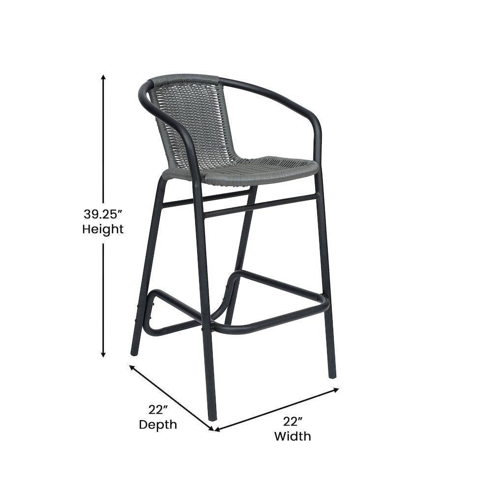 PE Rattan Restaurant Barstool with Black Aluminum Frame and Footrest in Gray
