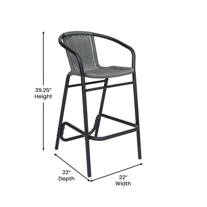 PE Rattan Restaurant Barstool with Black Aluminum Frame and Footrest in Gray