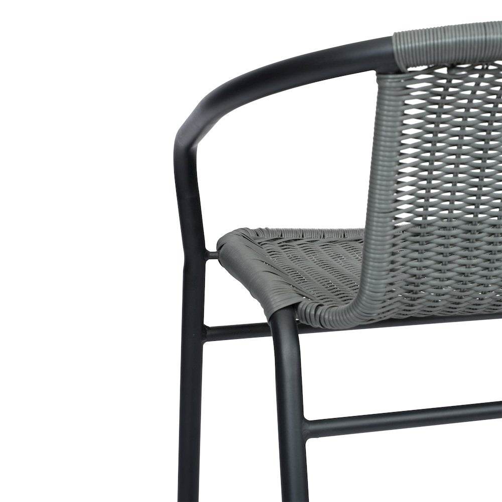 PE Rattan Restaurant Barstool with Black Aluminum Frame and Footrest in Gray