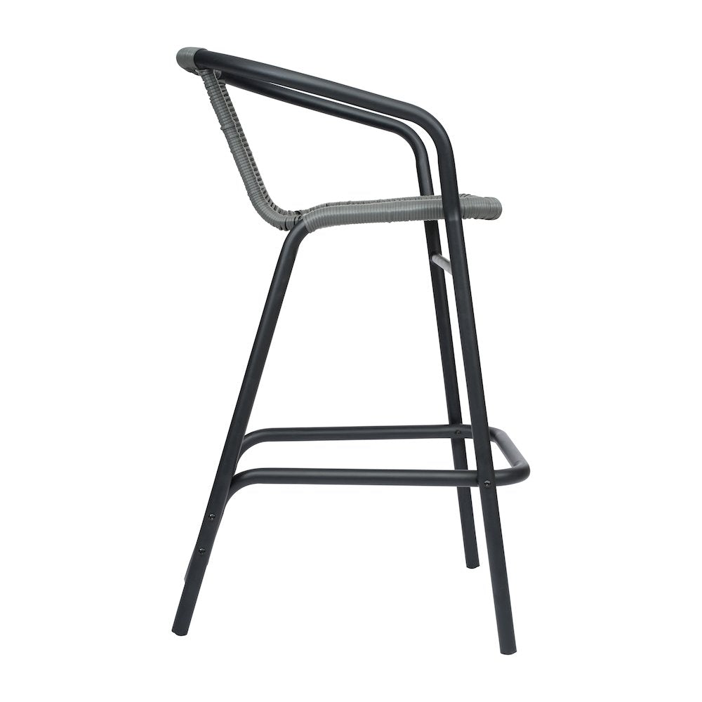 PE Rattan Restaurant Barstool with Black Aluminum Frame and Footrest in Gray