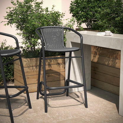 PE Rattan Restaurant Barstool with Black Aluminum Frame and Footrest in Gray