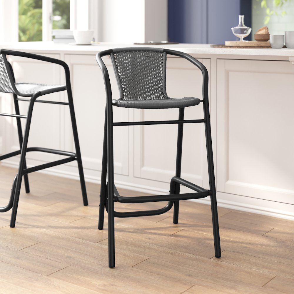 PE Rattan Restaurant Barstool with Black Aluminum Frame and Footrest in Gray