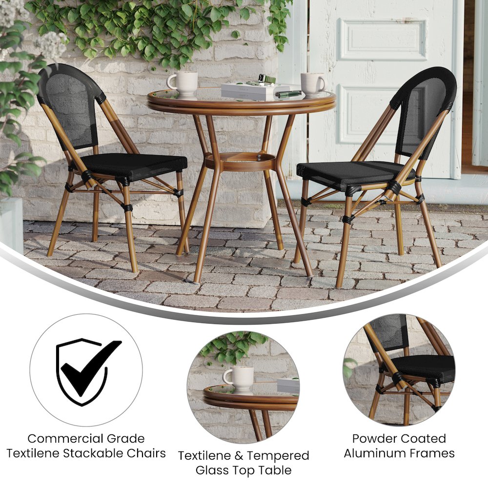 Bistro 31.5" Table, Black Textilene, Glass Top with 2 Stack Chairs,Natural Frame