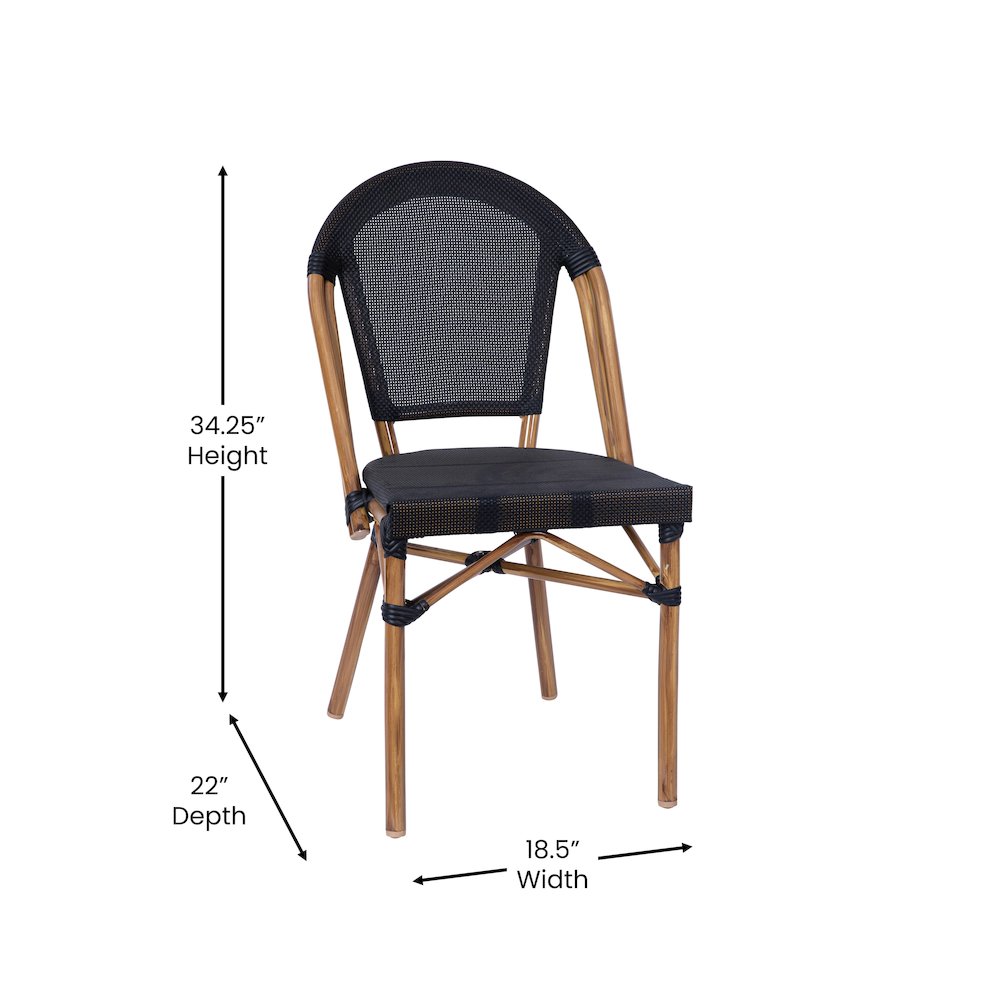 Bistro 31.5" Table, Black Textilene, Glass Top with 2 Stack Chairs,Natural Frame